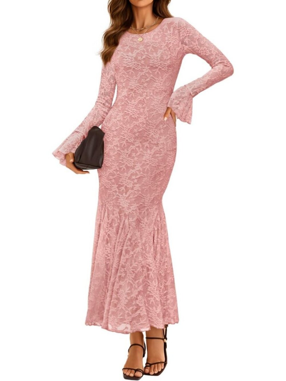 Floral Lace Maxi Dress for Women | Long Sleeve Cocktail & Wedding Guest Dress